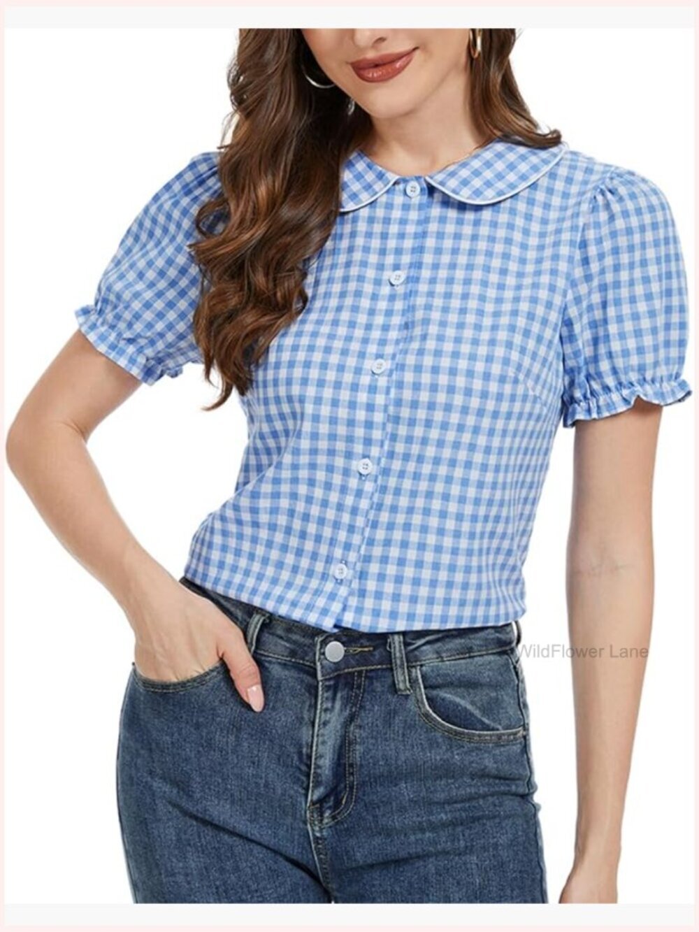 Gingham Plaid Peter Pan Collar Blouse Short Sleeve Button Down Shirt